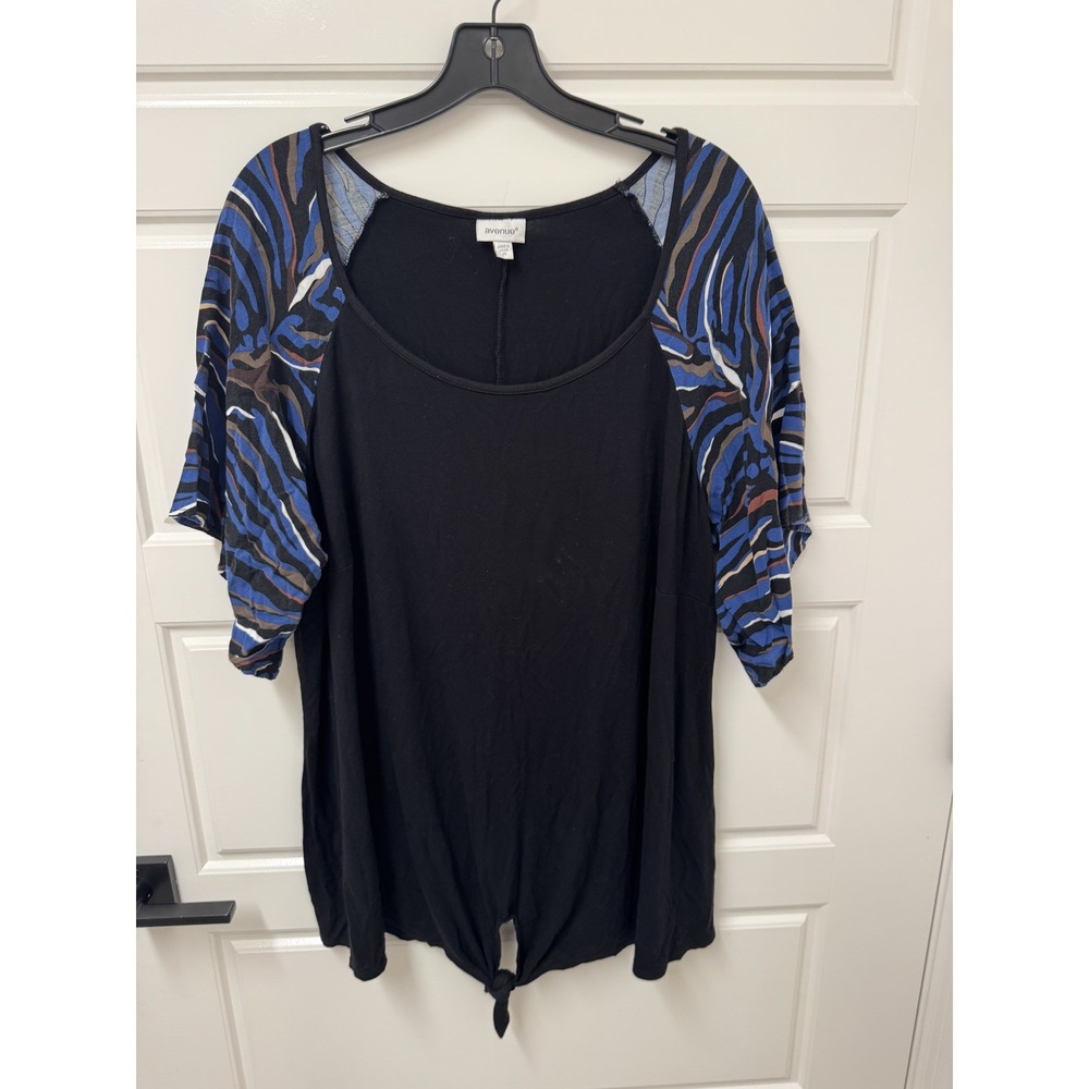 Avenue Woman Knot Front Top Sz 20 Black Blue Zebra Short Sleeve Pullover Blouse